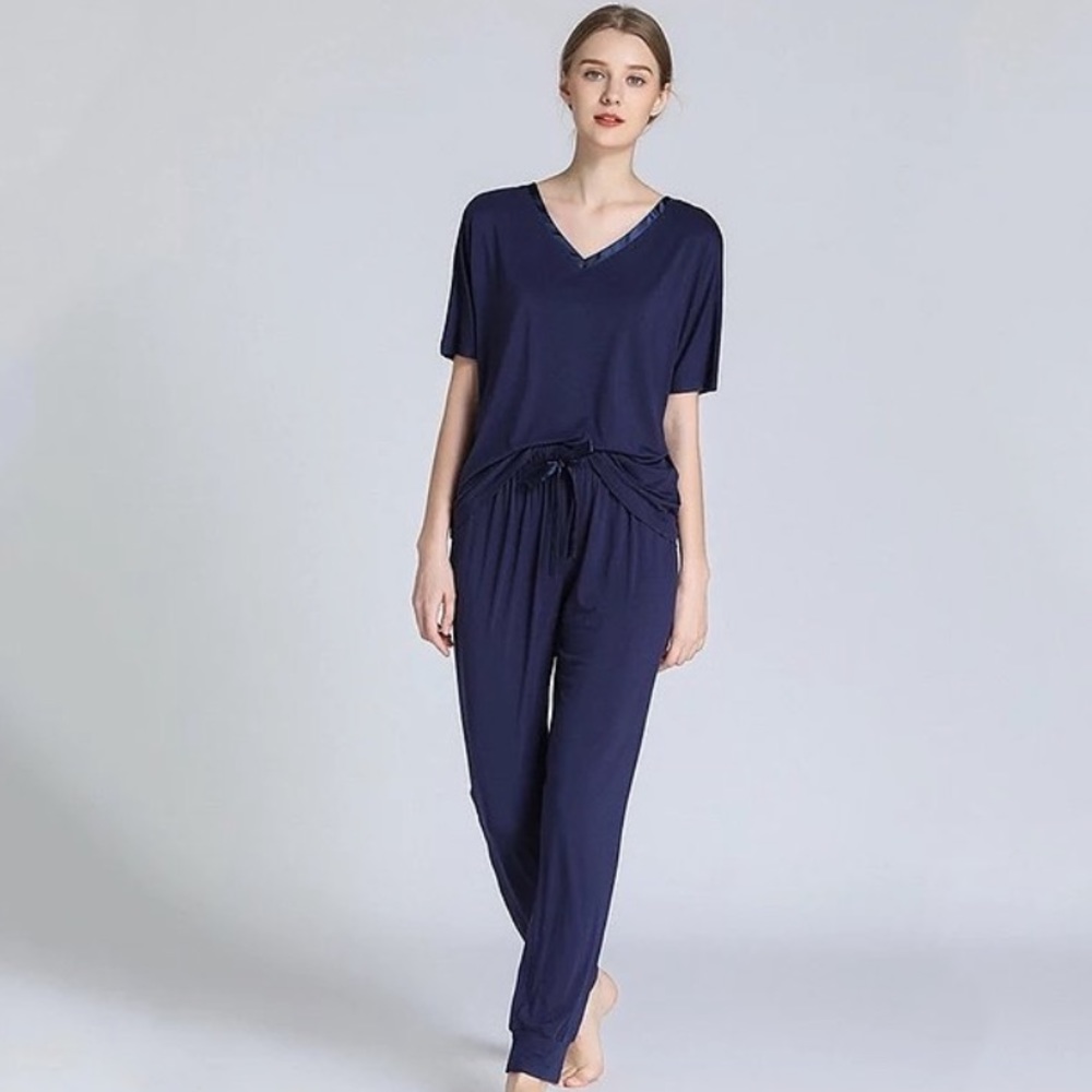 Navy Blue Pajama Jumpsuit with V-Neck and Elastic Waist